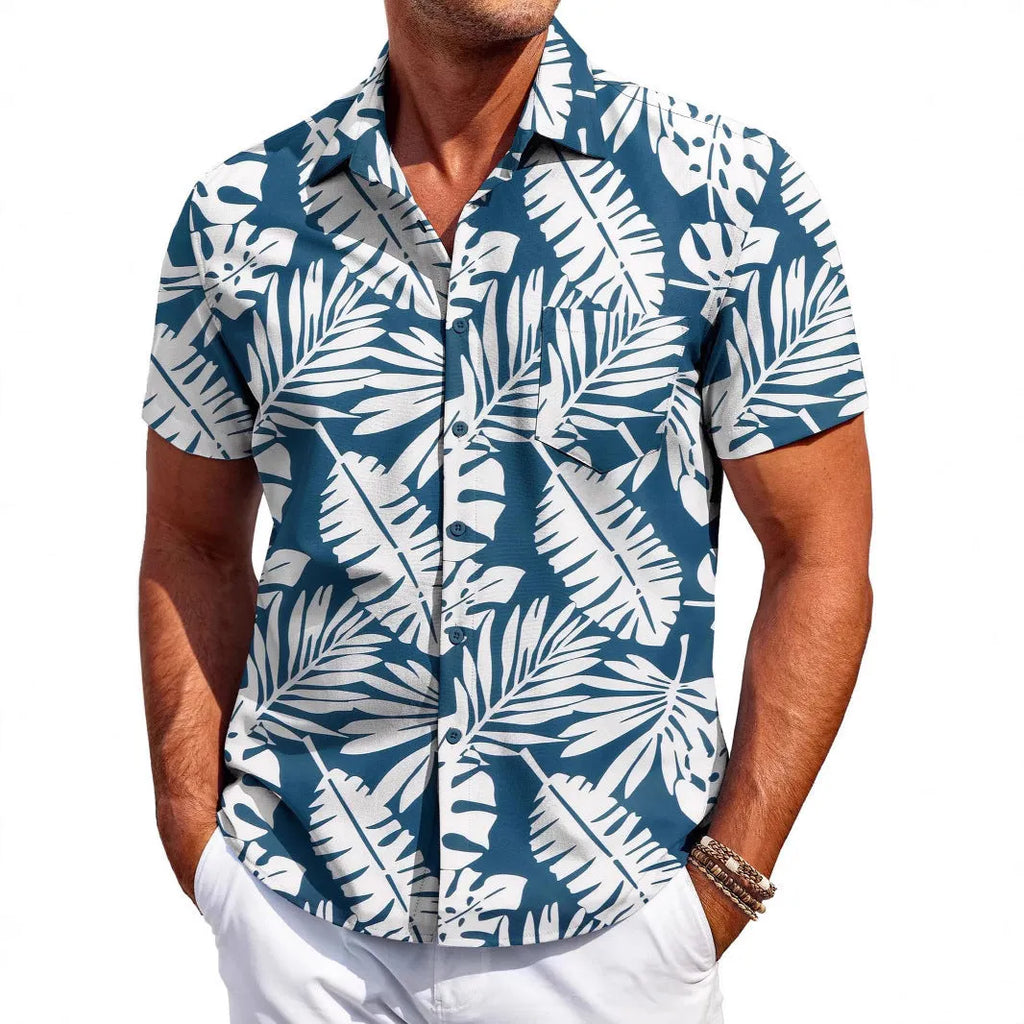 Men's slim fit Hawaiian short sleeve shirt in stretch polyester fabric showing colour options
