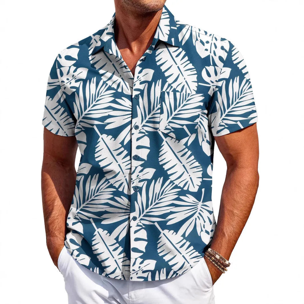 Men's slim fit Hawaiian short sleeve shirt in stretch polyester fabric showing colour options