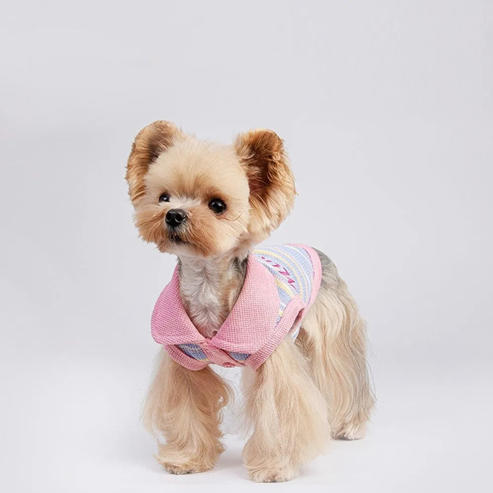 Pink purple autumn vest for small dog showing seven size options from XXS to XXL
