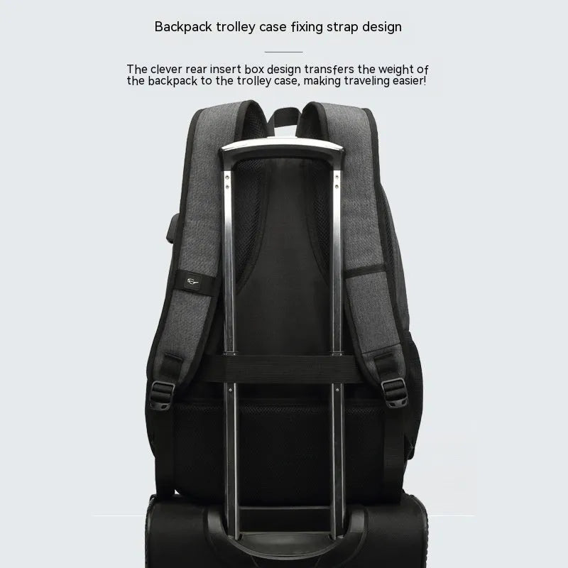 Lightweight grey nylon backpack with USB charging port and trolley case attachment slot.