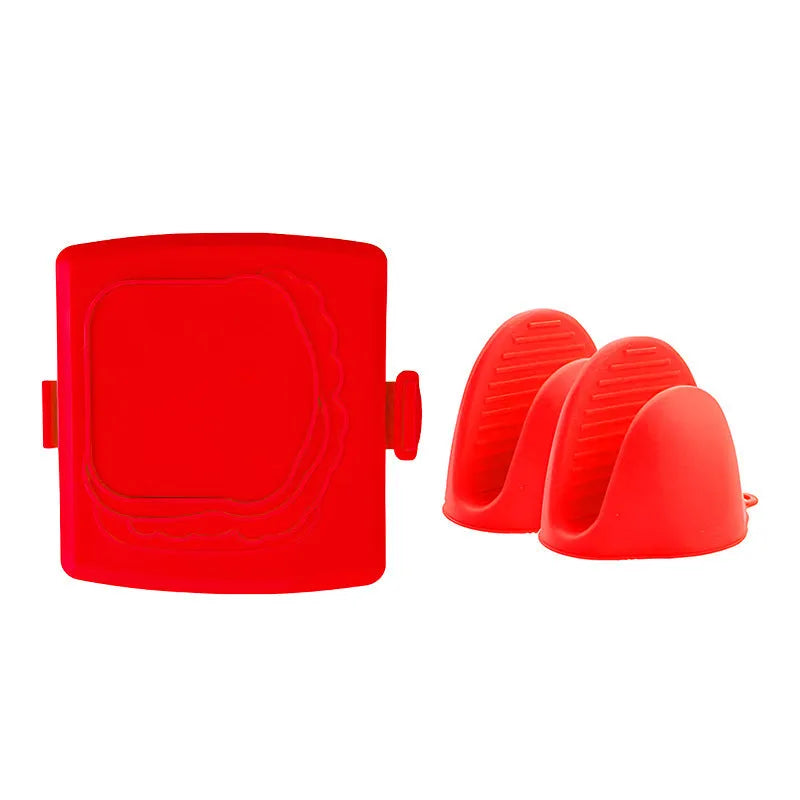 Red silicone baking tray and matching anti-scald gloves set in colour box packaging.
