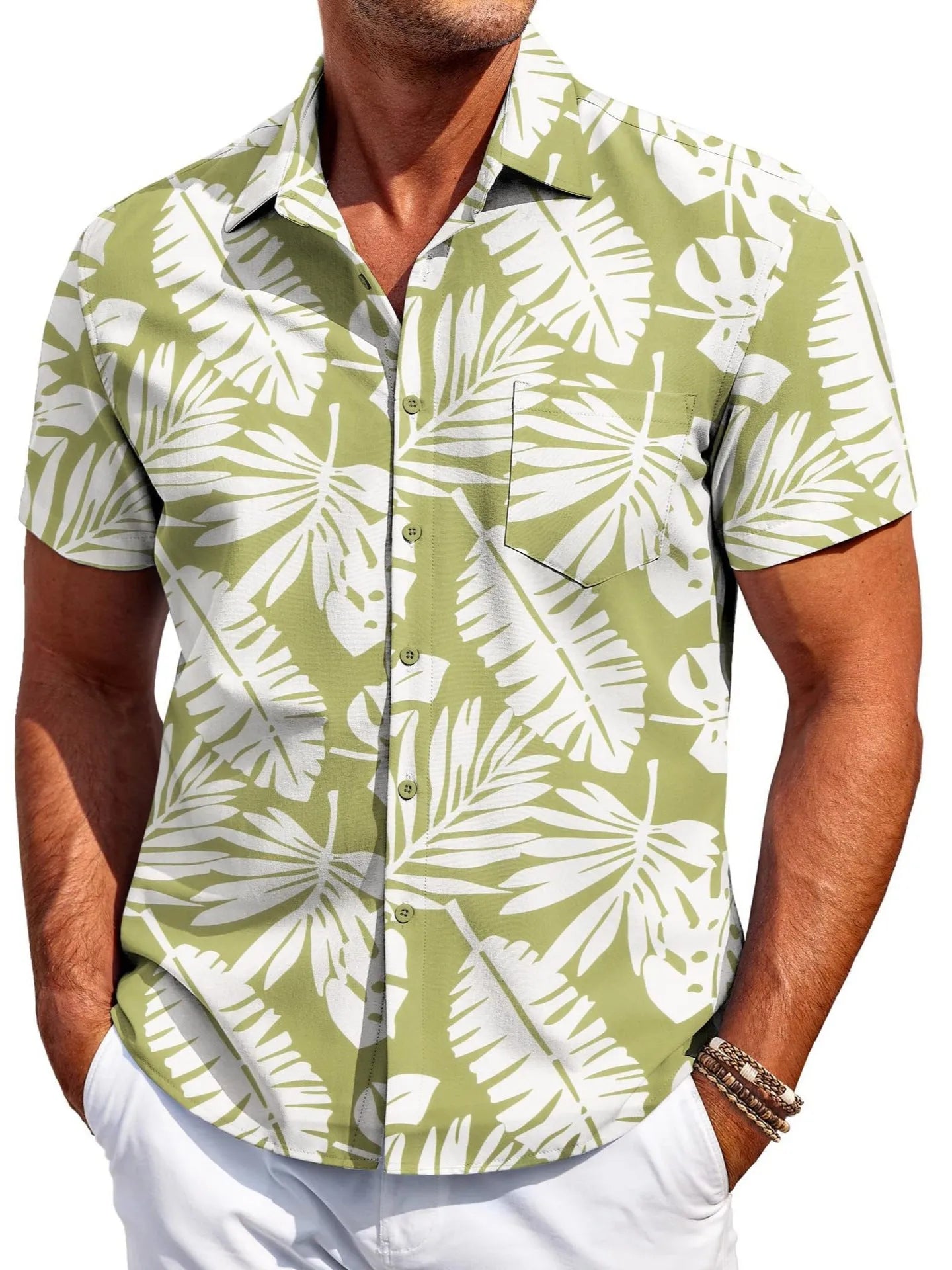 Men's slim fit Hawaiian short sleeve shirt in stretch polyester fabric showing colour options