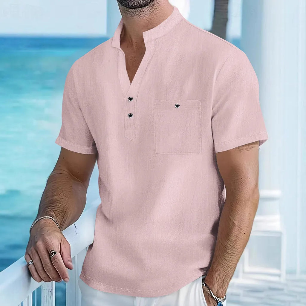 Men's light blue stand collar linen short sleeve T-shirt laid flat, showing loose fit and solid colour.