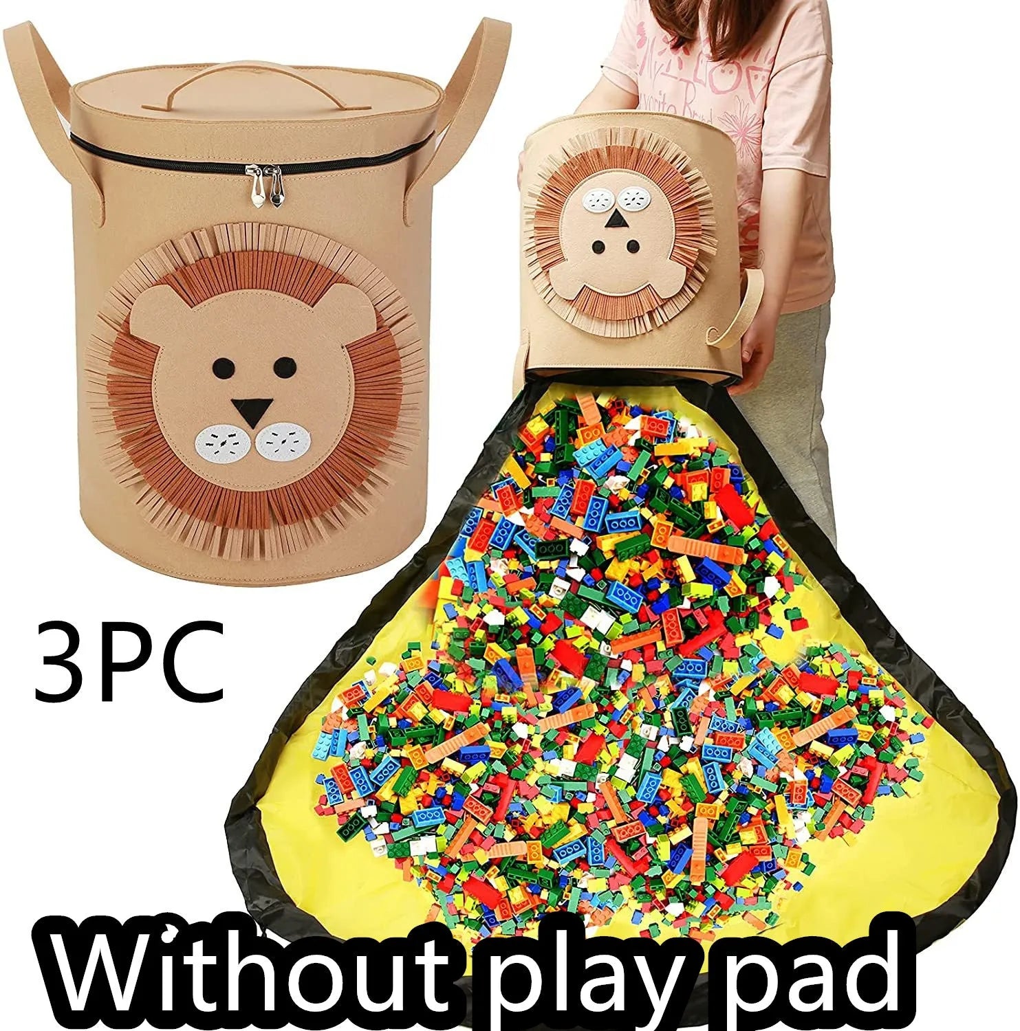 Green felt storage bag converted into a toy play mat with pull rope closure