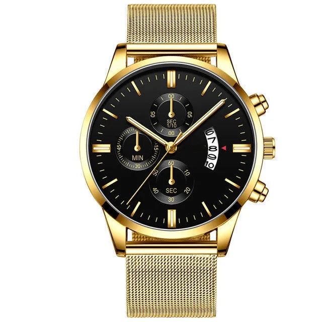 Men's stainless steel mesh band quartz watch with analog display in multiple colour options