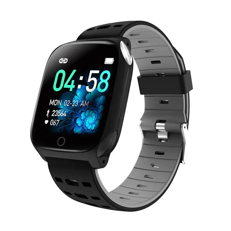 F16 smart watch with ECG display on wrist, showing black green silicone band.