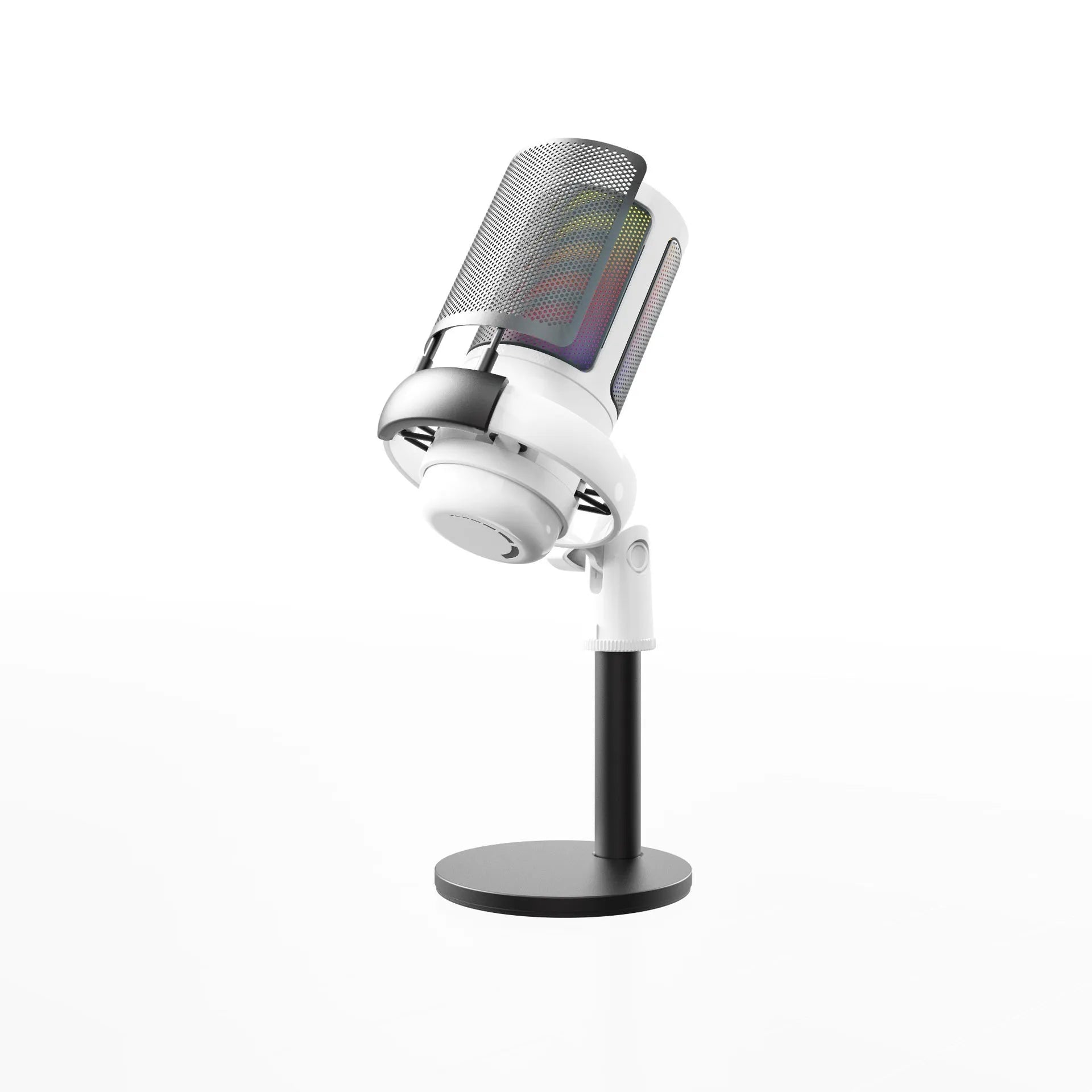 USB condenser microphone with RGB lighting in black, white, and pink colour options.