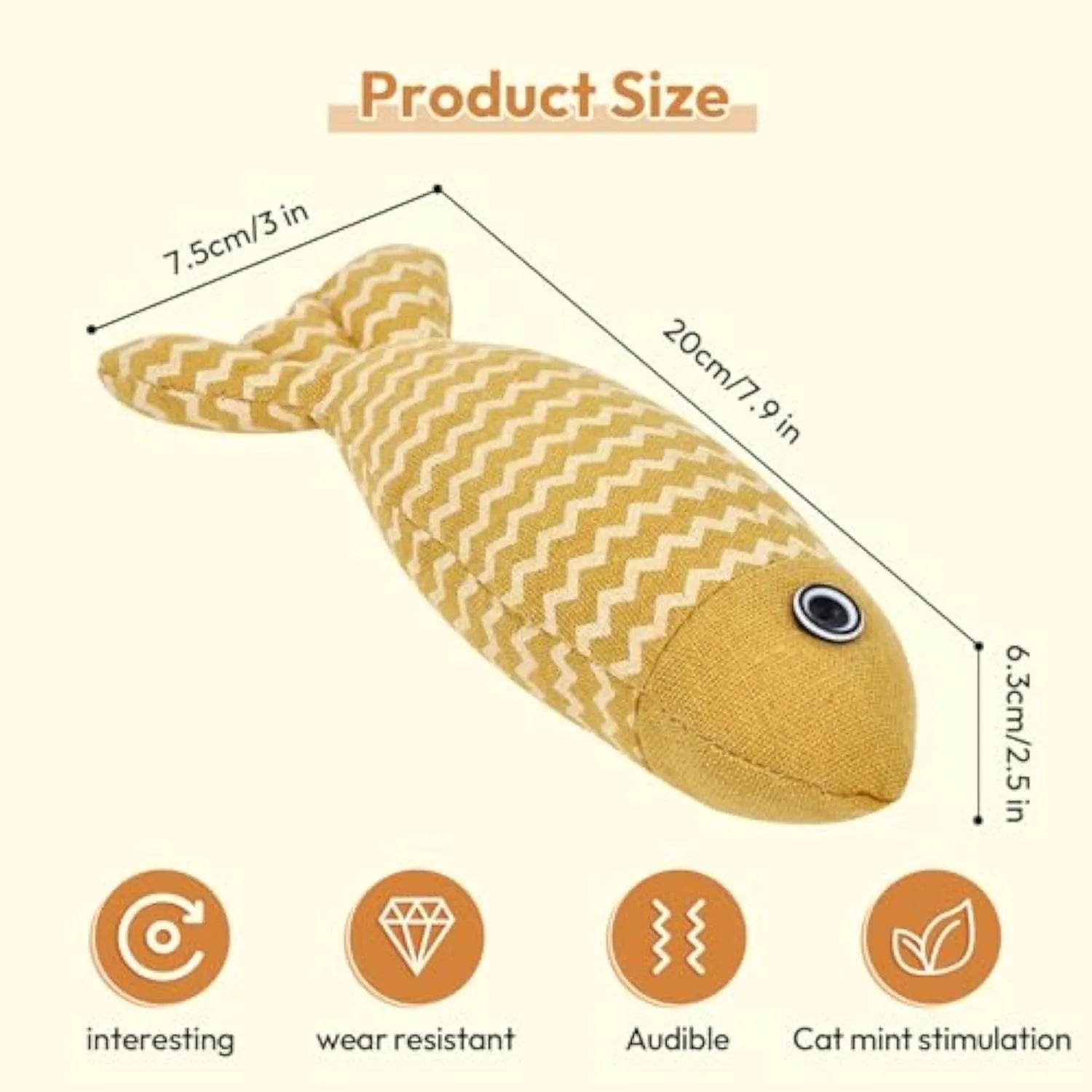 Three catnip fish toys in coffee, gray, and yellow for indoor cat self-play