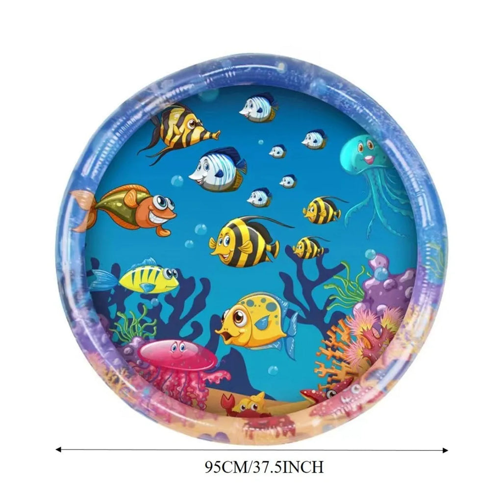 Square blue water sensory playmat for cats and dogs with floating fish toys inside, on a home floor.