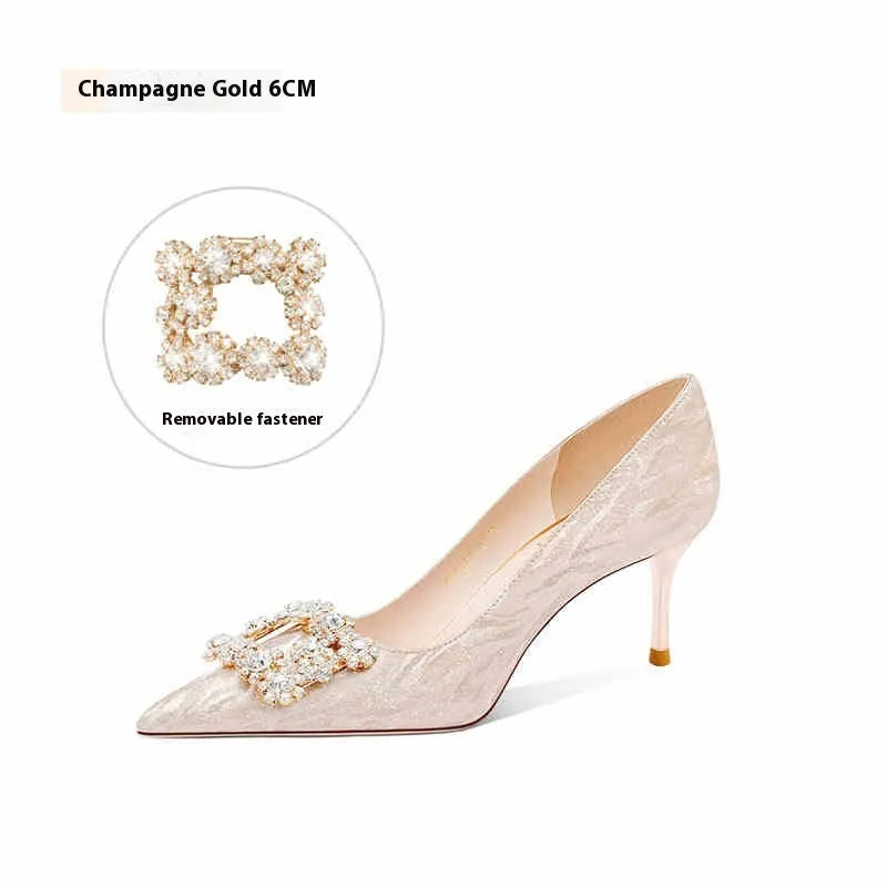 Champagne gold women's leather high heel pumps with pointed toe, stiletto heel, and rhinestone decoration.