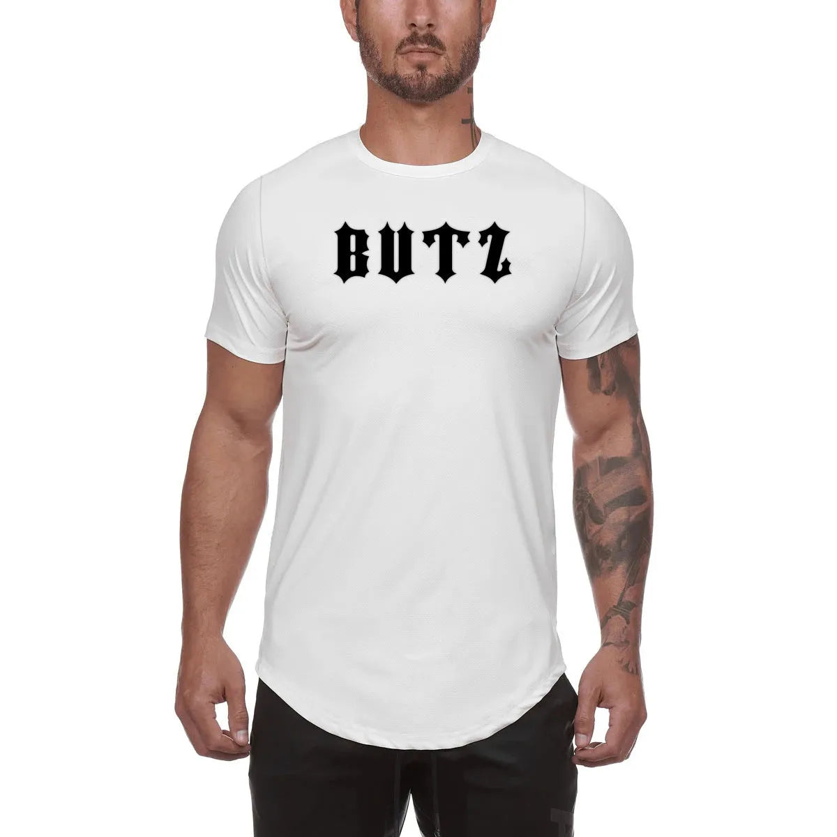 Men's plain gym shirt in cotton spandex blend shown in army green, black, and white colour options.