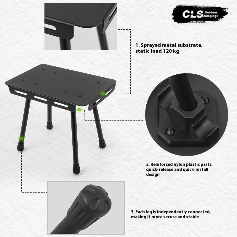 CLS aluminium folding camping stool in army green, shown extended as a seat and converted into a small table.
