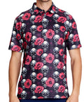 Men's grey short sleeve shirt with 3D printed graphic design and a front zip detail.