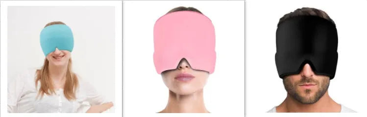 Black elastic cloth gel eye mask for headache relief measuring 22cm by 17cm