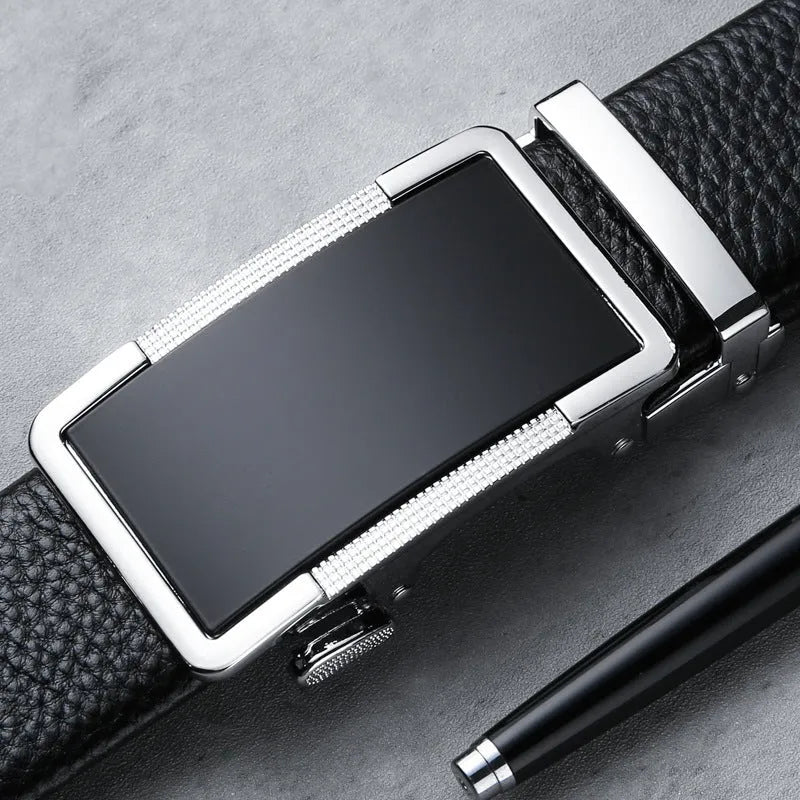 Men's gun black leather belt with a silver automatic click buckle, shown at a length of 120cm
