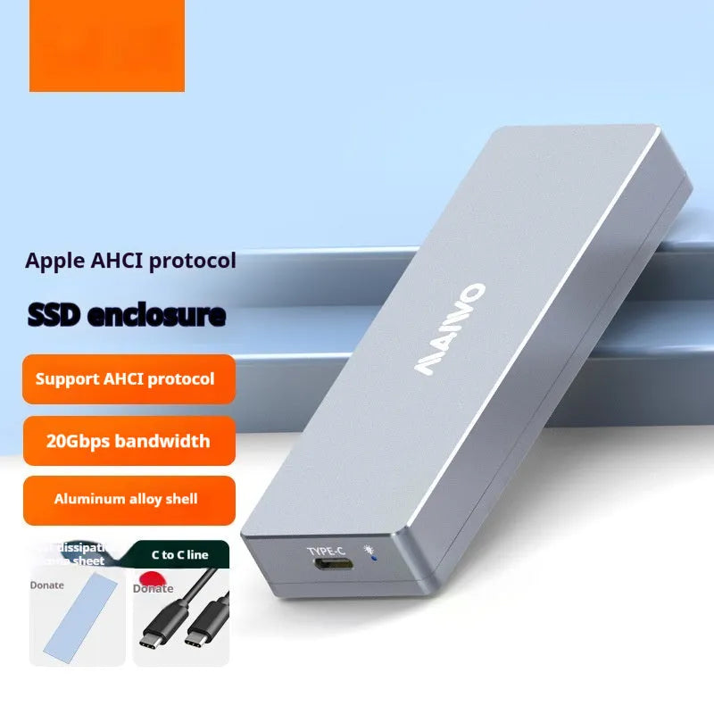 USB-C compatible M.2 AHCI SSD enclosure in aluminium alloy with screwdriver and heat pad