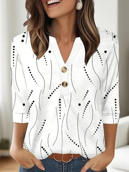 Women's loose fit V-neck T-shirt with 3D printed pattern in Korean casual style