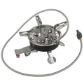 Silver portable foldable camping split stove made of stainless steel, shown with a 100cm hose.