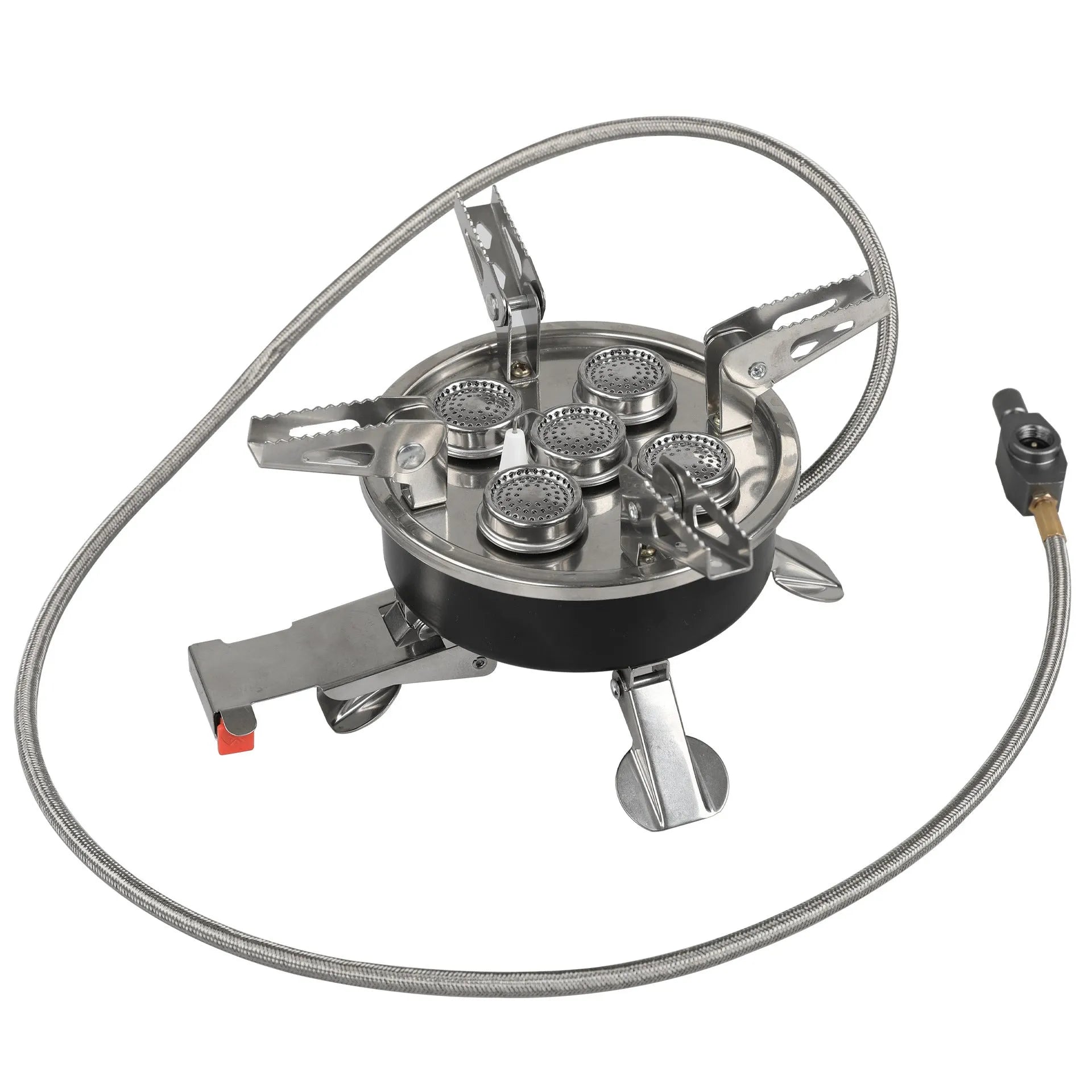 Silver portable foldable camping split stove made of stainless steel, shown with a 100cm hose.