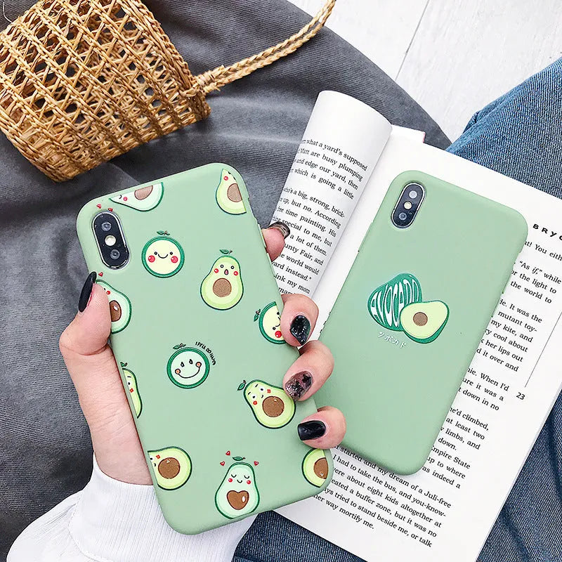 Cartoon avocado design on a green TPU back cover case for an iPhone.