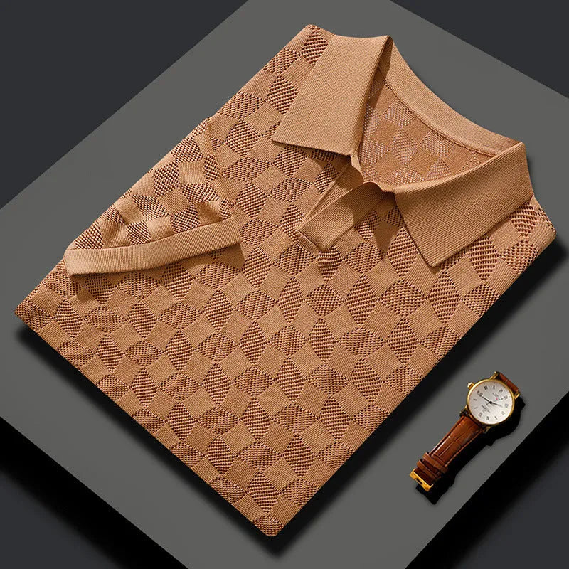 Men's short sleeve lapel sweater in mulberry silk, shown in a solid colour.