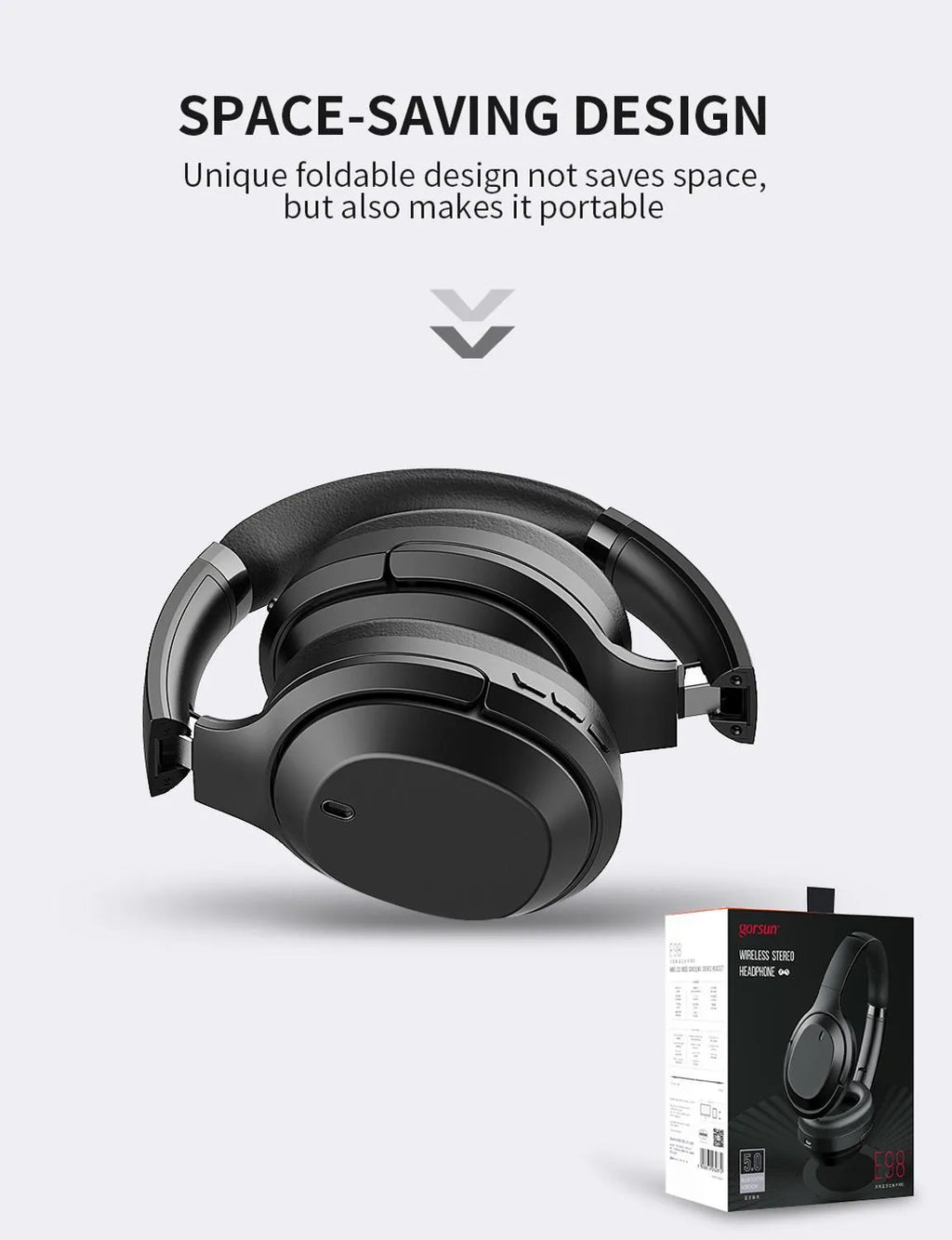 Black Gorsun E98 over-ear wireless Bluetooth headphones showing padded headband and memory-protein ear cushions