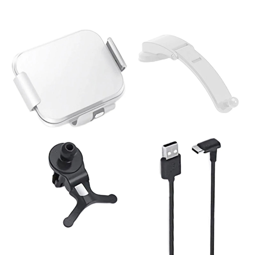 Grey wireless car phone holder with folding screen showing air conditioner clip and suction cup mounting options