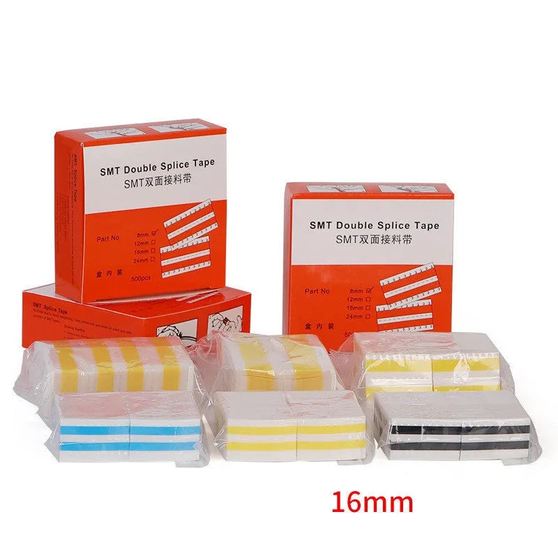 SMT double-sided splicing tape rolls in yellow, black, blue and gum colours showing 8mm, 12mm, 16mm, 24mm width options