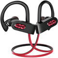 Flame2 red hanging ear Bluetooth headset shown in use on a person's ear.