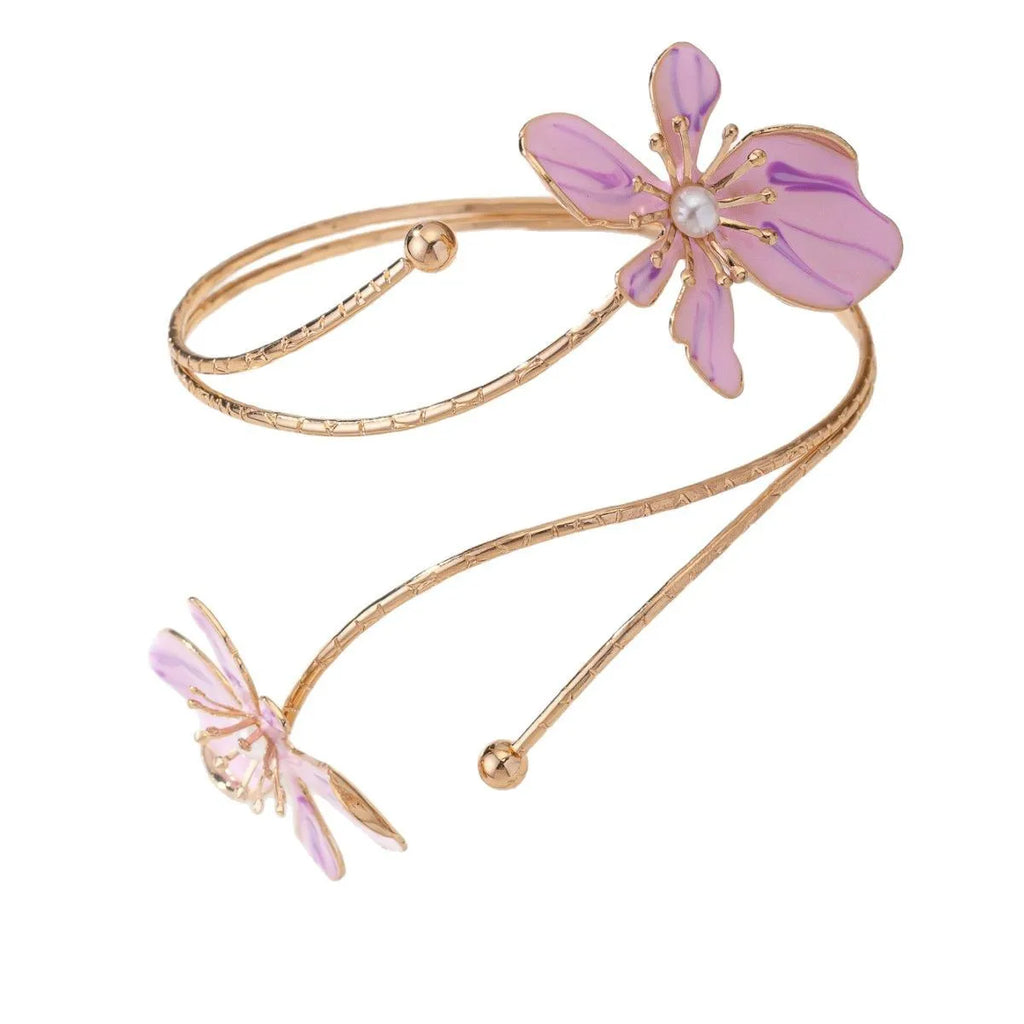 Personalised hollow pattern alloy armband in pink or purple colour on wrist