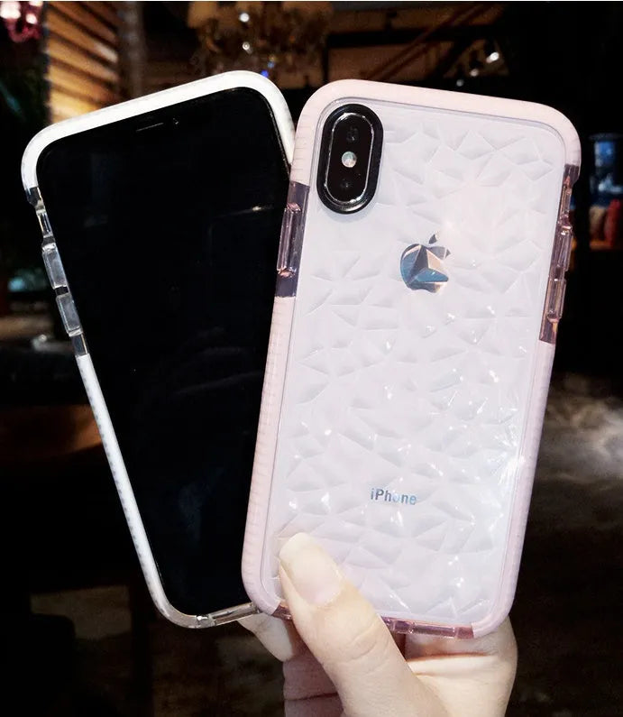 Striped TPU back cover iPhone case shown in black border, pink border, and white border colour options.