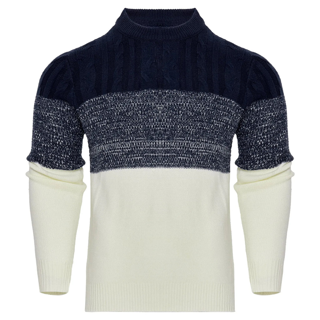 Men's grey cable-knit long sleeve pullover sweater on a hanger