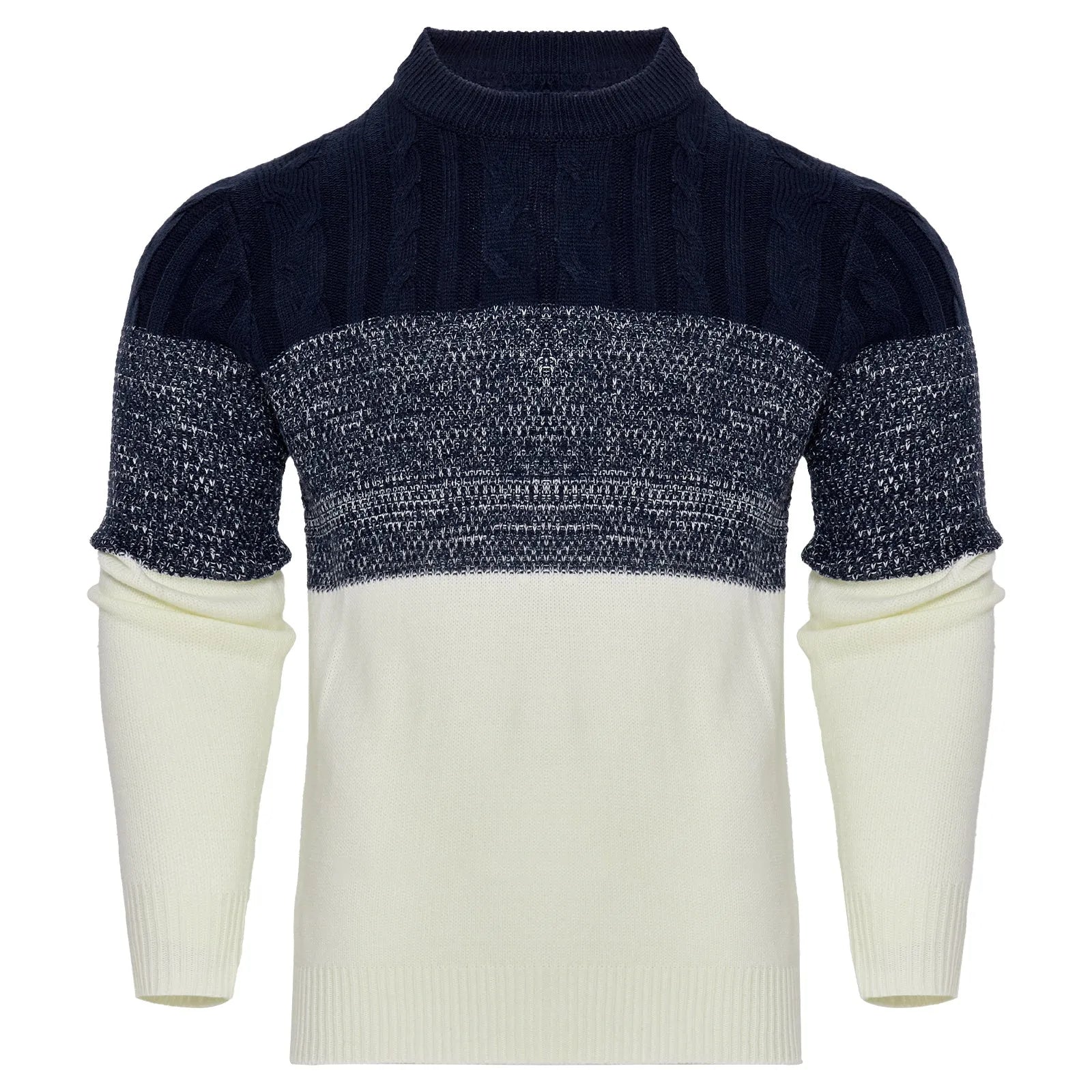 Men's grey cable-knit long sleeve pullover sweater on a hanger