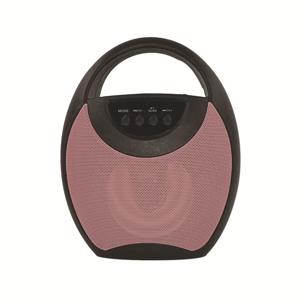 Portable Bluetooth speaker with plastic housing in black, blue, or pink colour options