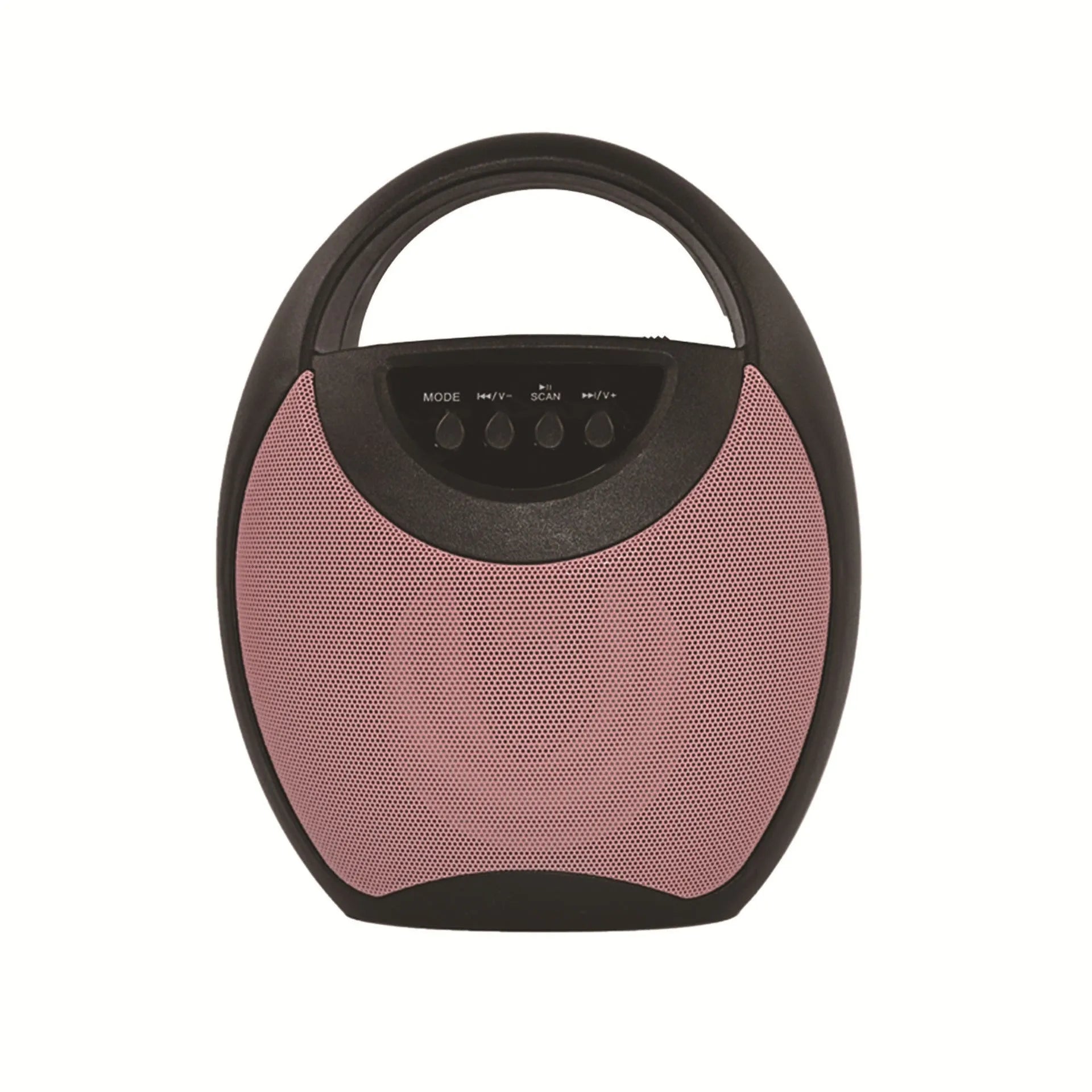 Portable Bluetooth speaker with plastic housing in black, blue, or pink colour options