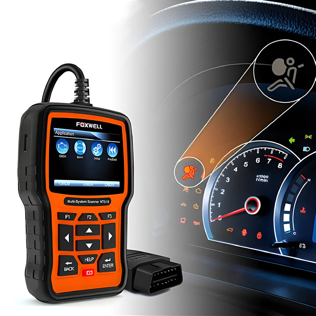 Foxwell NT510 orange and black automotive diagnostic tool with large colour screen and data cable
