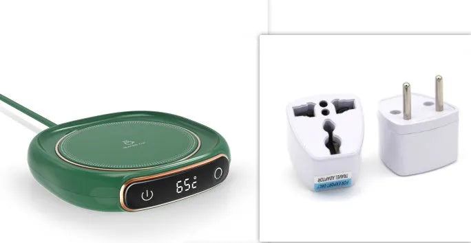 USB coffee mug warmer coaster in white on a desk, with a mug of coffee on top, 130x110x23mm, 10W constant temperature heating pad