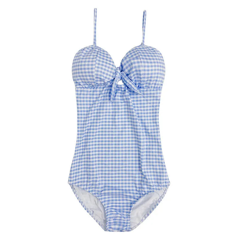 Blue and white plaid women's one-piece swimsuit made from nylon fabric