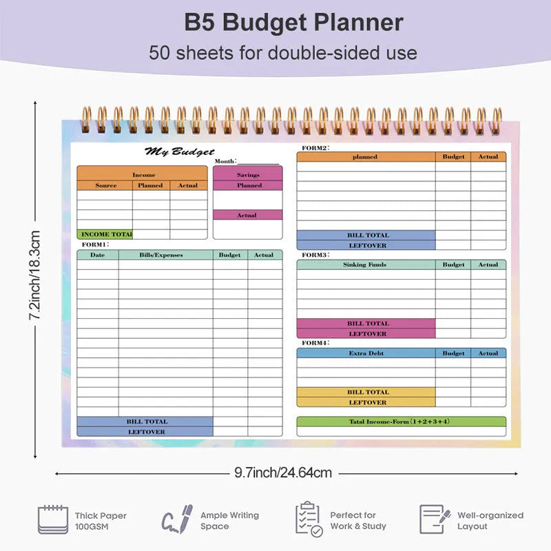 B5 spiral-bound wealth management notebook with PP plastic cover for income and expenditure tracking