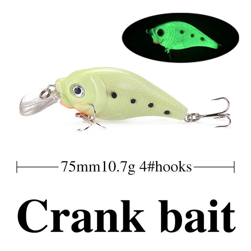 Five 3D fluorescent hard bait fishing lures in mixed colours showing fish-shaped design and treble hooks