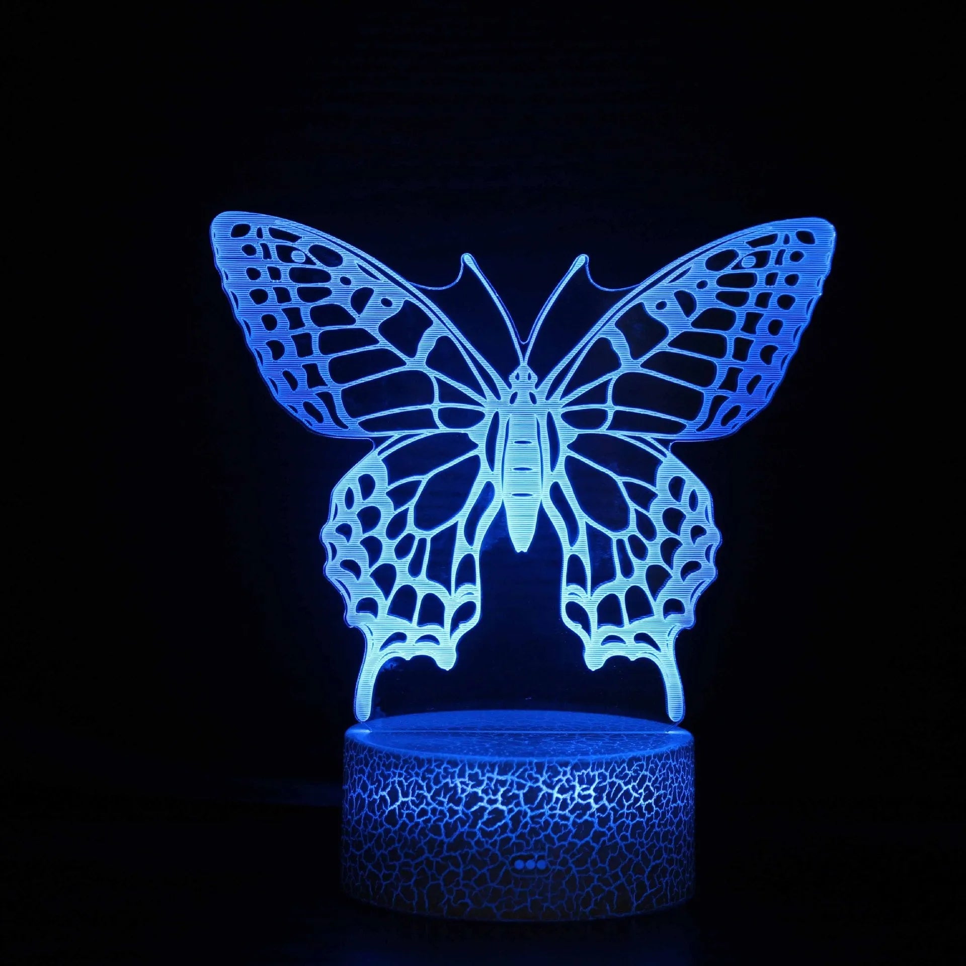 3D acrylic table lamp with colourful lighting on 9.5cm x 4cm base, showing touch controls and USB connection