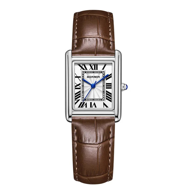 Couple leather watch with square dial, 7mm thickness, waterproof, in gold and black colour option on a white background