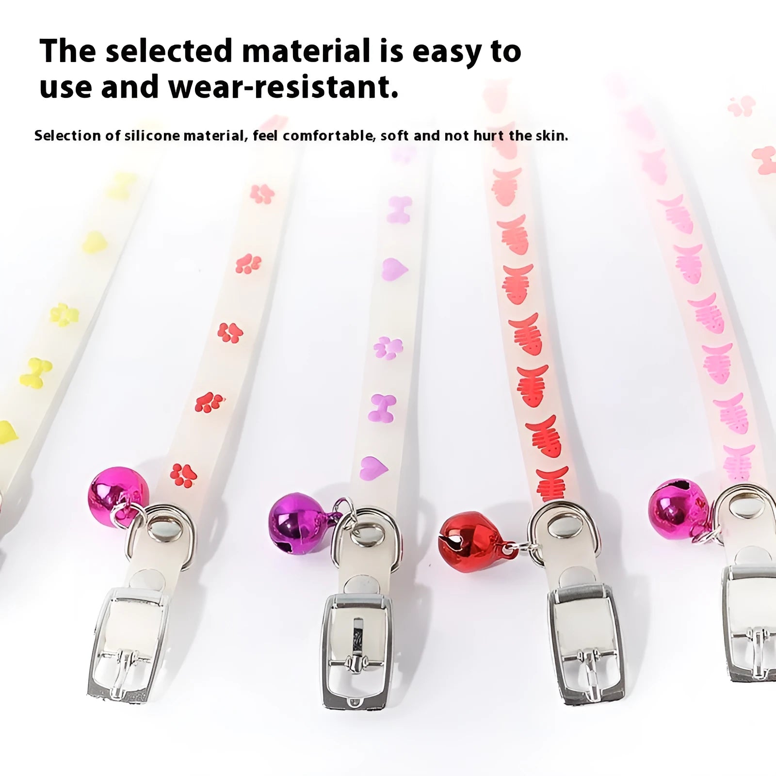 Adjustable cat luminous collar with silicone chain and metal bell showing nighttime illumination