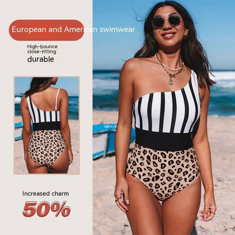 Leopard print women's one-piece swimsuit with an asymmetric collar and high-waisted brief.