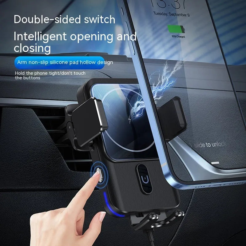 Black car wireless charging phone holder showing 15W charging capability with clip and suction cup mounting options