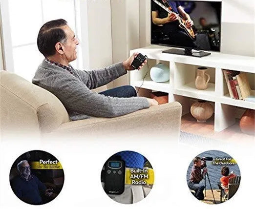 Digital display mobile hearing aid booster sound amplifier in brilliant colour with handheld FM radio design