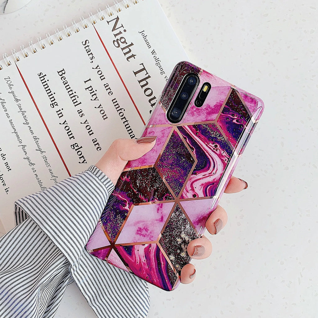Electroplated marble design TPU phone case for Huawei and Samsung smartphones in multiple colours