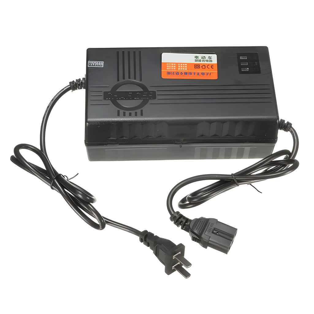 72V20AH electric car charger for lead-acid batteries with compact black housing.