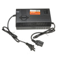 72V20AH electric car charger for lead-acid batteries with compact black housing.