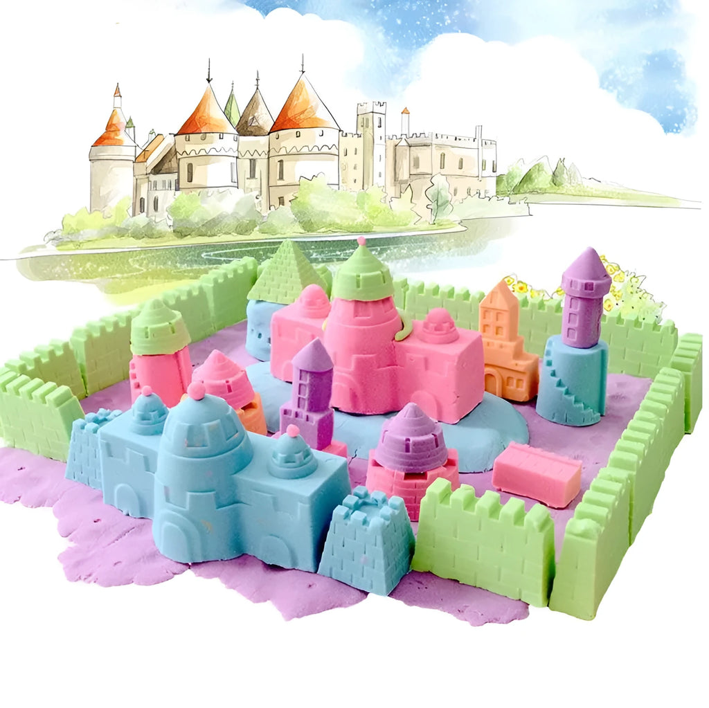 Kinetic space sand in multiple colours including blue, green, orange, pink, purple, red, rose, and sand colour in plastic bag packaging